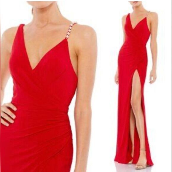 Mac Duggal Ieena 26532 Asymmetrical Pearl Strap V-Neck Gown, Red,  Size 12 NWT - Picture 2 of 11